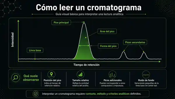 Diagrama de un cromatograma con línea base, pico principal, área, forma del pico y picos secundarios