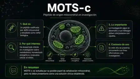 Infografía de MOTS-c con una célula y mitocondrias destacadas, origen mitocondrial y contexto de investigación