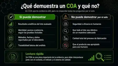 Infografía sobre qué puede demostrar un certificado de análisis y qué no demuestra por sí solo